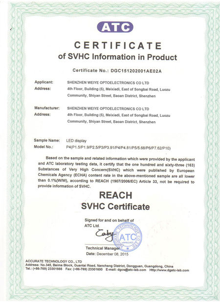 LA CHINE Shenzhen Weiye Optoelectronics Co., Ltd. certifications